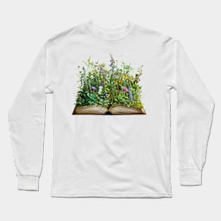 Various plants and flowers Blossoms bloom on the pages of books. Long Sleeve T-Shirt